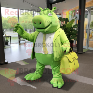 Lime Green Rhinoceros mascot costume character dressed with a Dress Shirt and Handbags