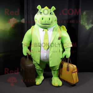 Lime Green Rhinoceros mascot costume character dressed with a Dress Shirt and Handbags