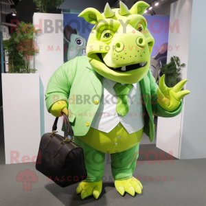 Lime Green Rhinoceros mascot costume character dressed with a Dress Shirt and Handbags