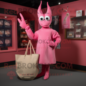 Pink Lobster Bisque mascot costume character dressed with a Shift Dress and Tote bags