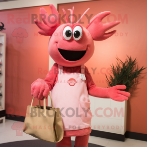 Pink Lobster Bisque mascot costume character dressed with a Shift Dress and Tote bags