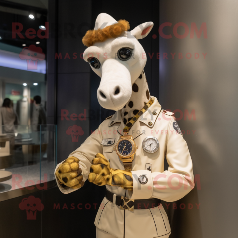 Cream Giraffe mascot costume character dressed with a Bomber Jacket and Bracelet watches