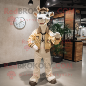 Cream Giraffe mascot costume character dressed with a Bomber Jacket and Bracelet watches