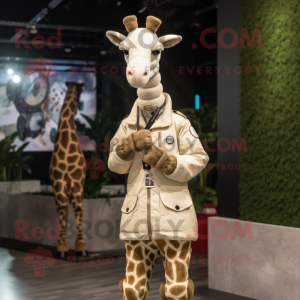Cream Giraffe mascot costume character dressed with a Bomber Jacket and Bracelet watches