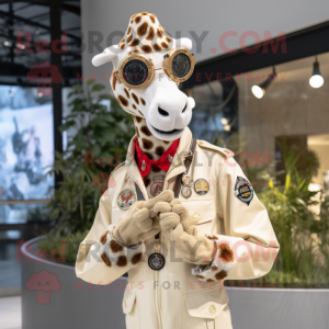 Cream Giraffe mascot costume character dressed with a Bomber Jacket and Bracelet watches