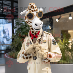 Cream Giraffe mascot costume character dressed with a Bomber Jacket and Bracelet watches