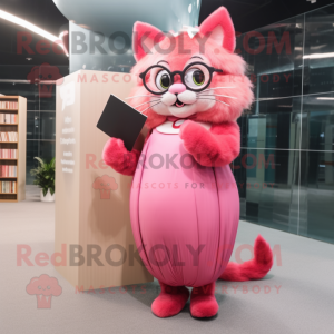 Pink Cat mascot costume character dressed with a Maxi Skirt and Reading glasses