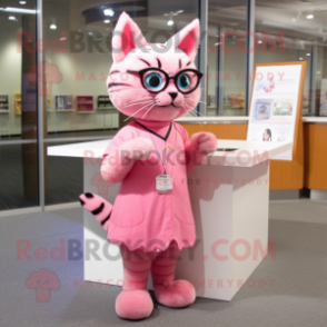 Pink Cat mascot costume character dressed with a Maxi Skirt and Reading glasses