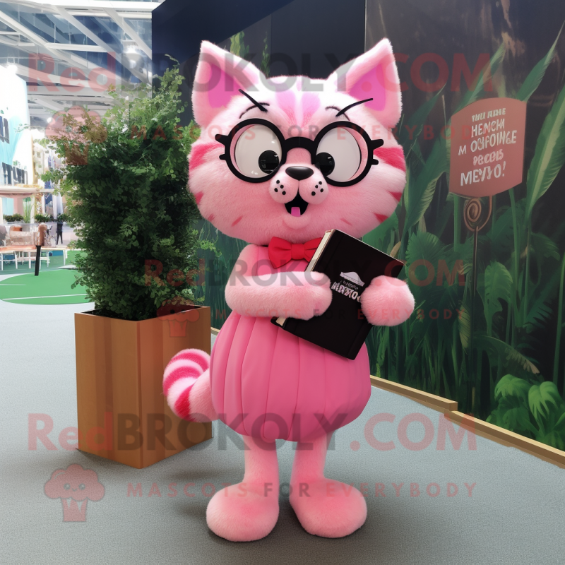 Pink Cat mascot costume character dressed with a Maxi Skirt and Reading glasses Pink Cat mascot costume character dressed with a Maxi Skirt and Reading glasses