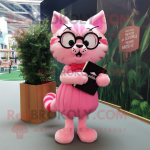 Pink Cat mascot costume character dressed with a Maxi Skirt and Reading glasses