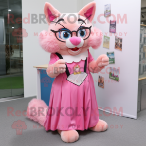 Pink Cat mascot costume character dressed with a Maxi Skirt and Reading glasses