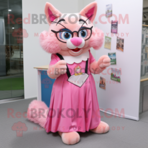 Pink Cat mascot costume character dressed with a Maxi Skirt and Reading glasses