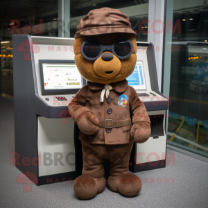 Brown Computer mascot costume character dressed with a Coat and Berets
