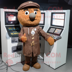 Brown Computer mascot costume character dressed with a Coat and Berets