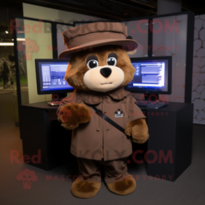 Brown Computer mascot costume character dressed with a Coat and Berets