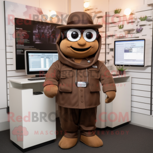 Brown Computer mascot costume character dressed with a Coat and Berets