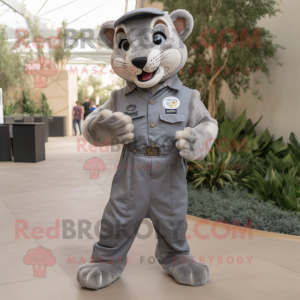 Silver Mountain Lion mascot costume character dressed with a Dungarees and Pocket squares