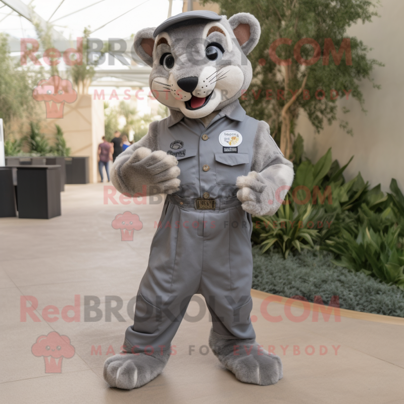 Silver Mountain Lion mascot costume character dressed with a Dungarees and Pocket squares