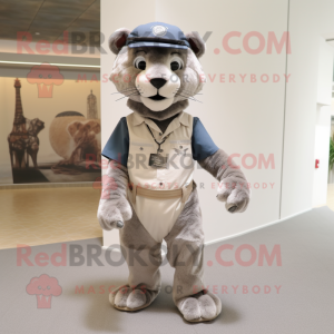 Silver Mountain Lion mascot costume character dressed with a Dungarees and Pocket squares