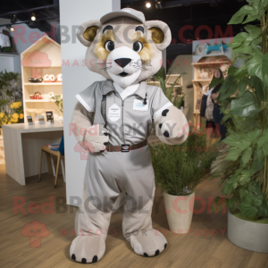 Silver Mountain Lion mascot costume character dressed with a Dungarees and Pocket squares