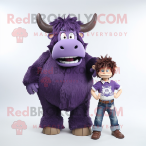 Purple Yak mascot costume character dressed with a Mom Jeans and Belts