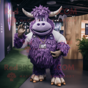 Purple Yak mascot costume character dressed with a Mom Jeans and Belts