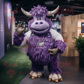 Purple Yak mascot costume character dressed with a Mom Jeans and Belts