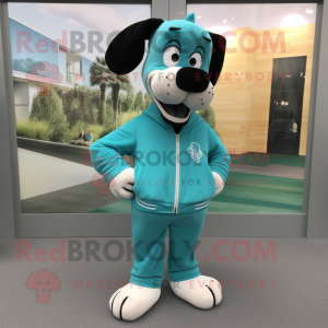 Teal Dog mascot costume character dressed with a Sweatshirt and Belts