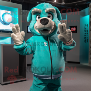 Teal Dog mascot costume character dressed with a Sweatshirt and Belts