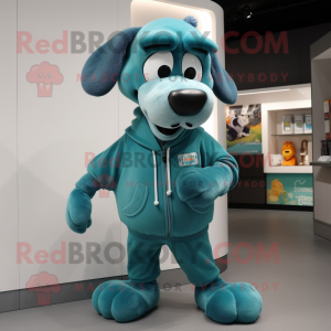 Teal Dog mascot costume character dressed with a Sweatshirt and Belts