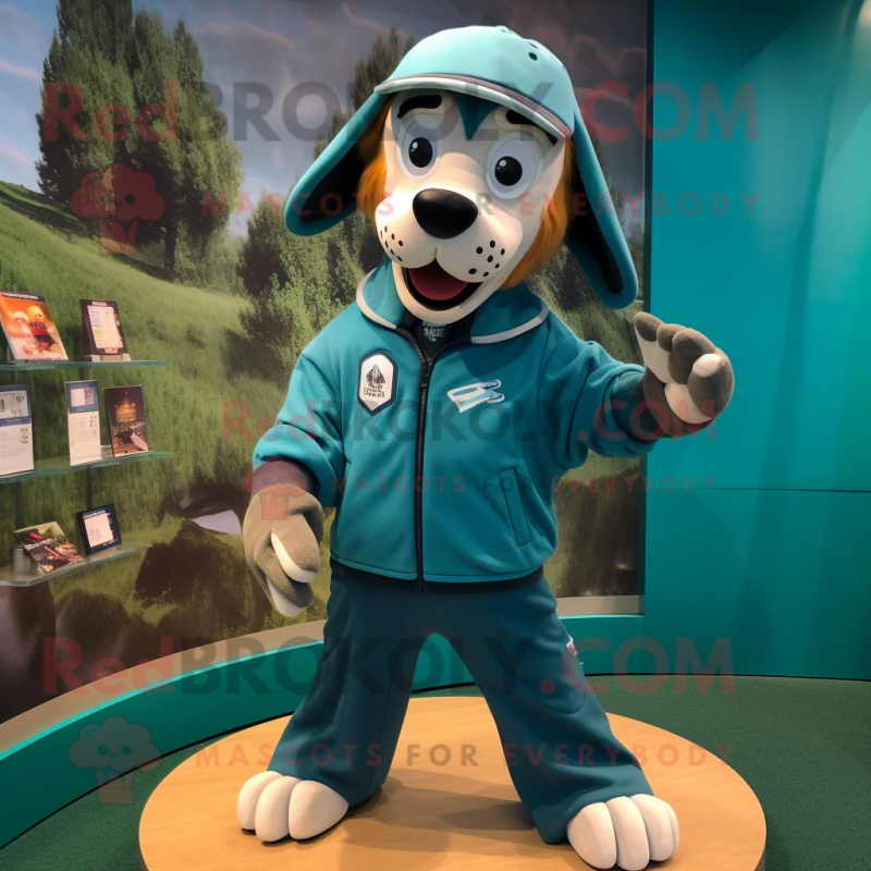 Teal Dog mascot costume character dressed with a Sweatshirt and Belts