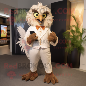 Cream Harpy mascot costume character dressed with a Jumpsuit and Pocket squares