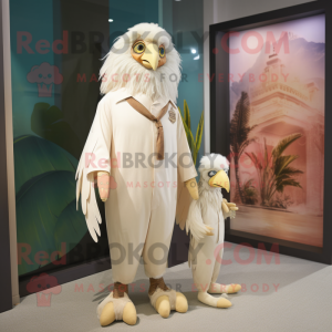 Cream Harpy mascot costume character dressed with a Jumpsuit and Pocket squares