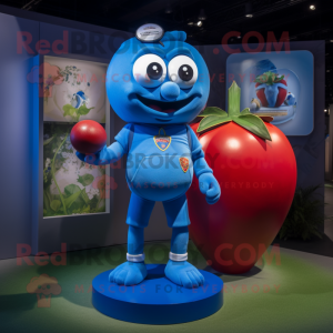 Blue Tomato mascot costume character dressed with a Rugby Shirt and Lapel pins