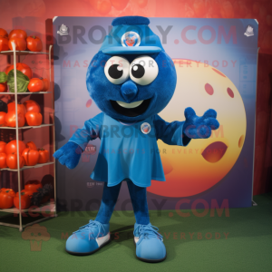 Blue Tomato mascot costume character dressed with a Rugby Shirt and Lapel pins