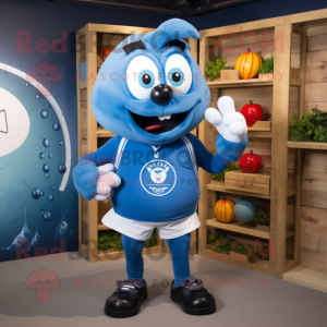 Blue Tomato mascot costume character dressed with a Rugby Shirt and Lapel pins