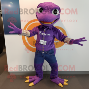 Purple Geckos mascot costume character dressed with a Jeans and Bracelet watches