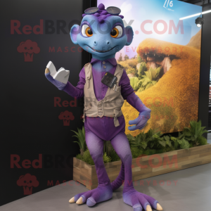 Purple Geckos mascot costume character dressed with a Jeans and Bracelet watches