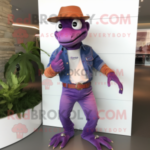 Purple Geckos mascot costume character dressed with a Jeans and Bracelet watches