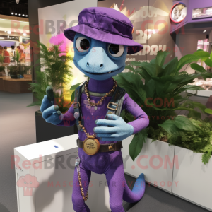 Purple Geckos mascot costume character dressed with a Jeans and Bracelet watches