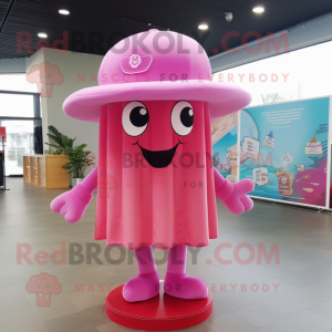 Pink Jellyfish mascot costume character dressed with a Polo Shirt and Hat pins