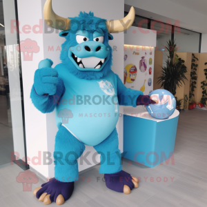 Sky Blue Minotaur mascot costume character dressed with a Bermuda Shorts and Watches