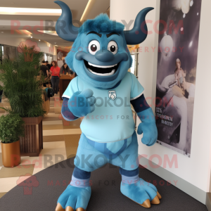Sky Blue Minotaur mascot costume character dressed with a Bermuda Shorts and Watches