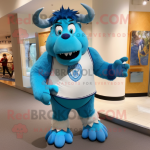 Sky Blue Minotaur mascot costume character dressed with a Bermuda Shorts and Watches