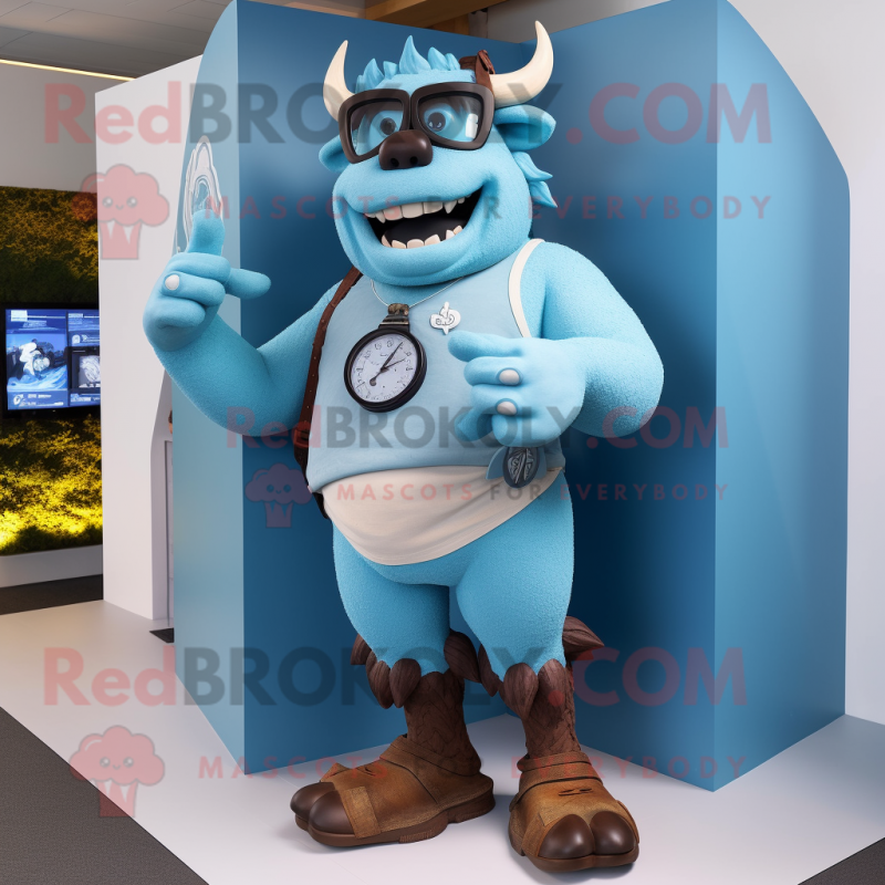 Sky Blue Minotaur mascot costume character dressed with a Bermuda Shorts and Watches