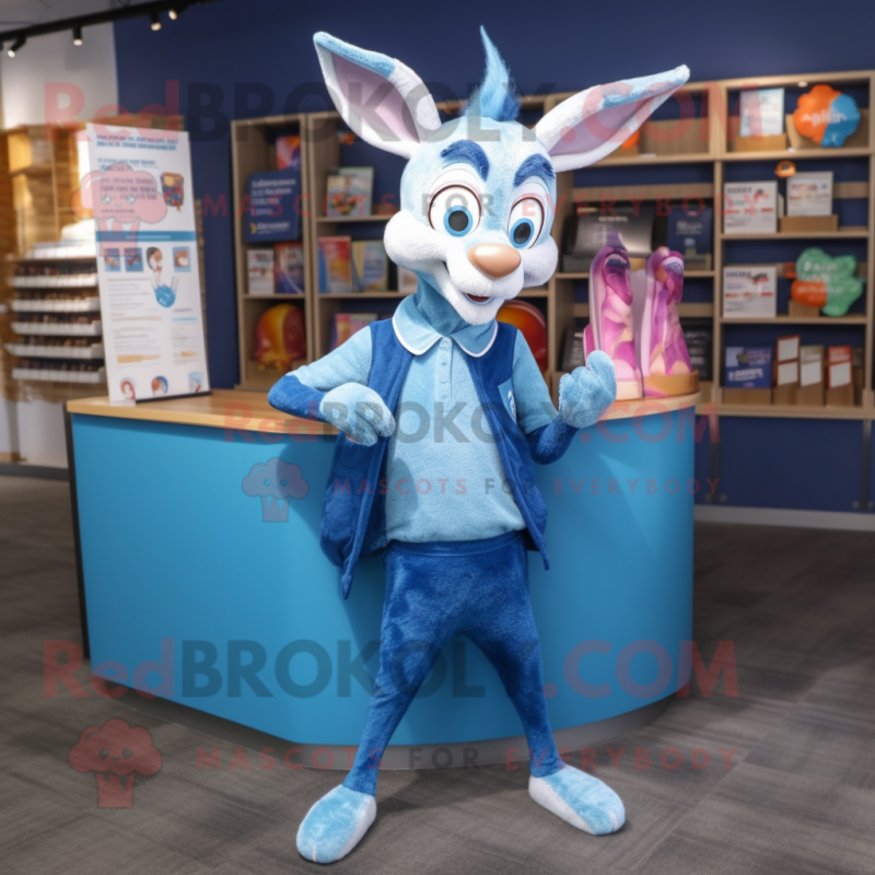 Blue Gazelle mascot costume character dressed with a Cardigan and Wallets Blue Gazelle mascot costume character dressed with a Cardigan and Wallets