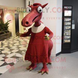 Red Parasaurolophus mascot costume character dressed with a Empire Waist Dress and Ties