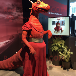 Red Parasaurolophus mascot costume character dressed with a Empire Waist Dress and Ties