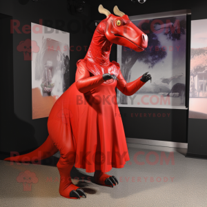 Red Parasaurolophus mascot costume character dressed with a Empire Waist Dress and Ties