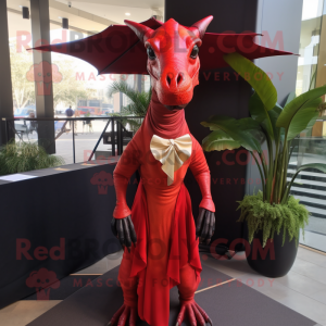 Red Parasaurolophus mascot costume character dressed with a Empire Waist Dress and Ties